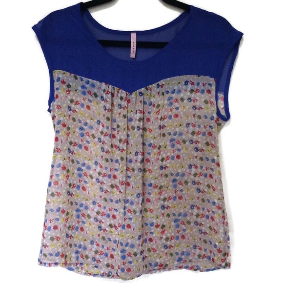 4/$25 Sleeveless Floral Print Blouse Blue and Tan - Picture 1 of 3